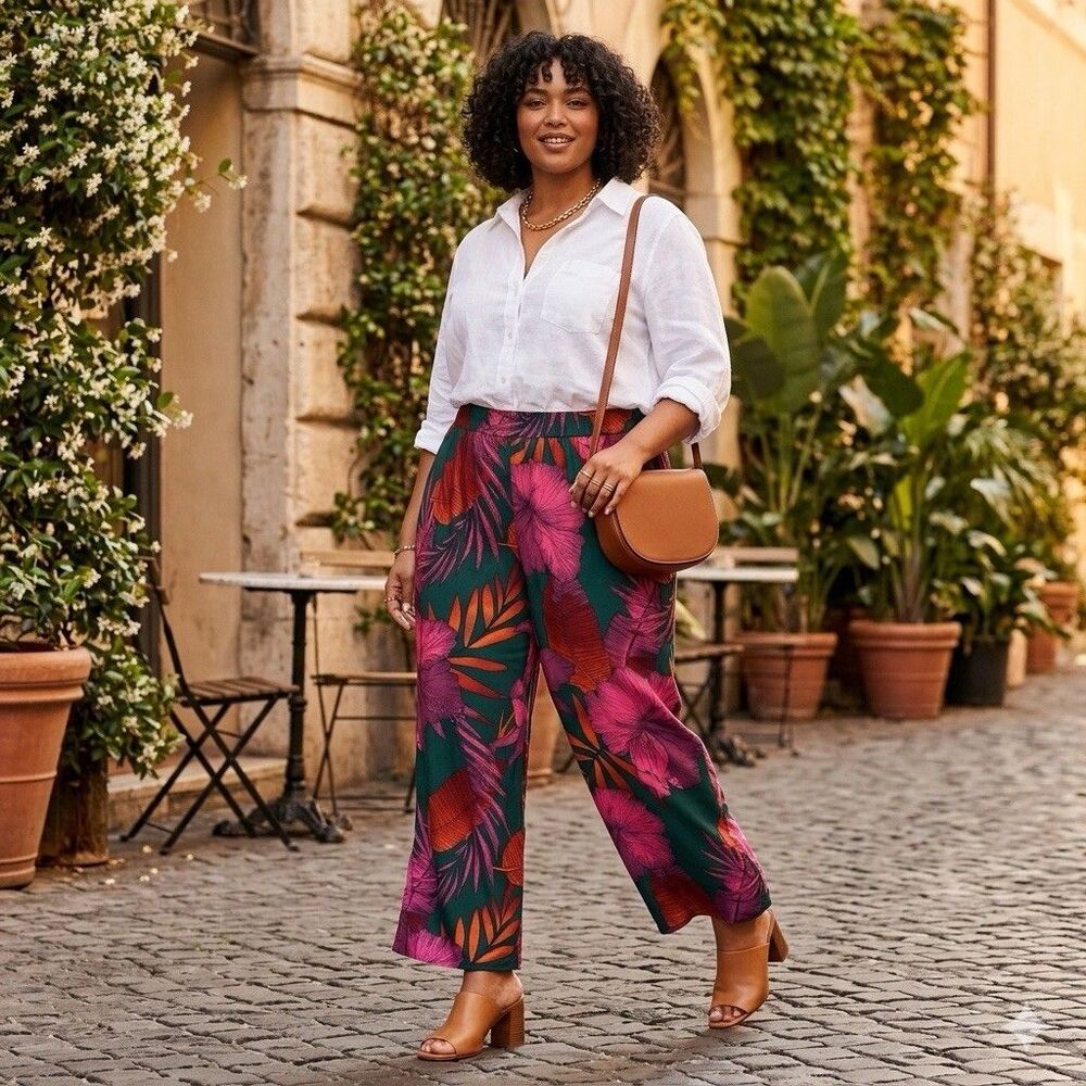 IMAN Wide Leg Pants Size 2X Floral Colorful Boho Beach Lightweight Tropical